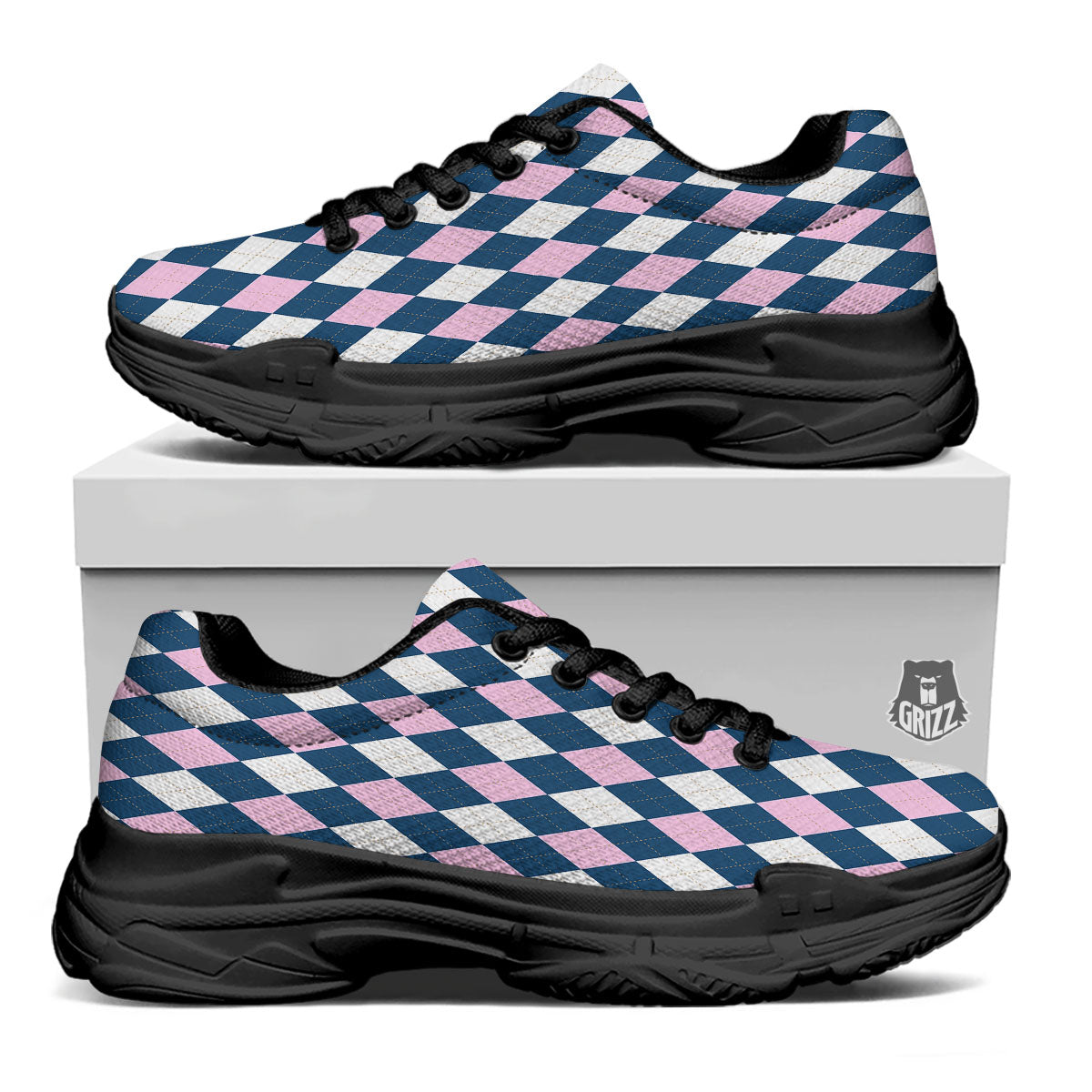 White Pink And Blue Argyle Print Pattern Black Chunky Shoes-grizzshop