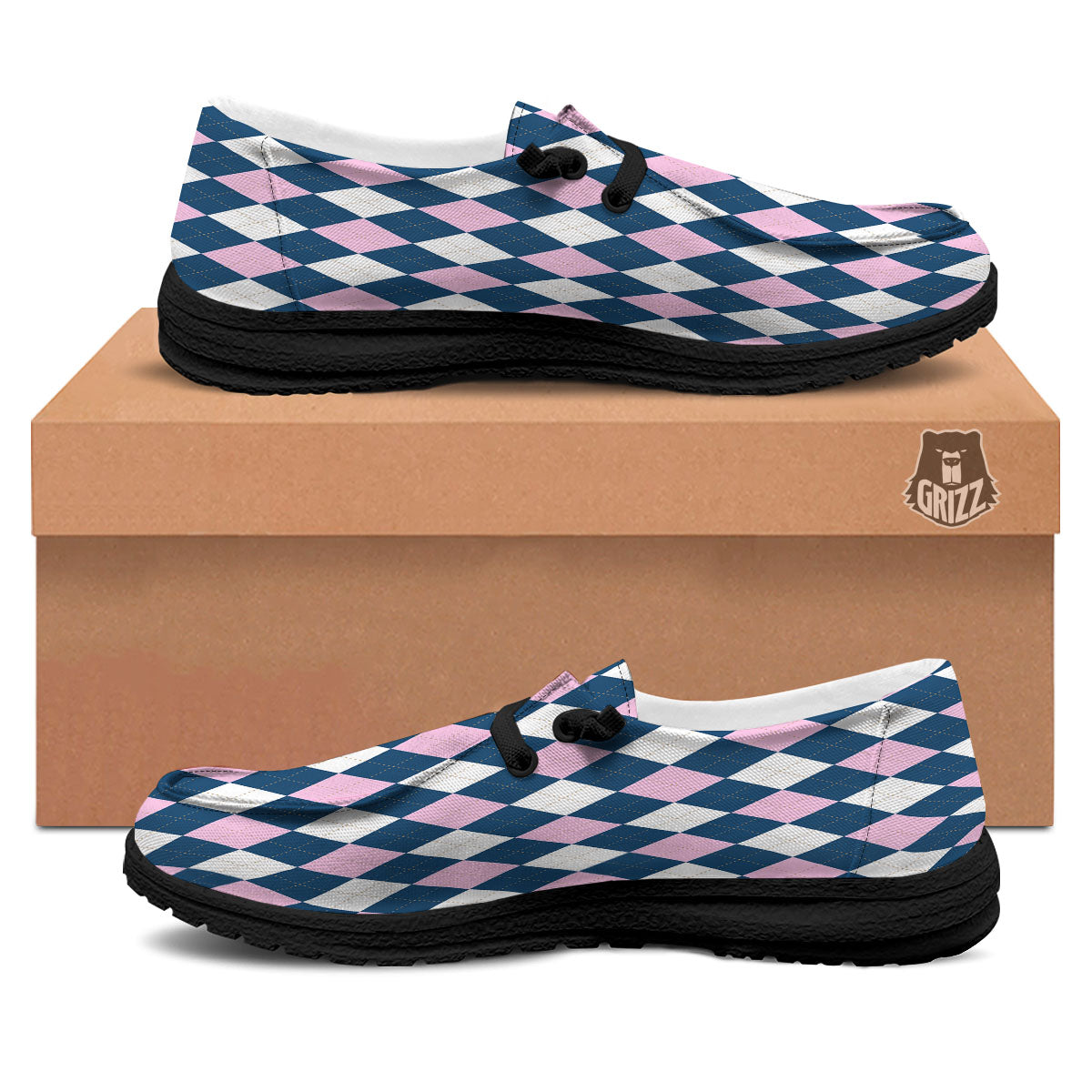 White Pink And Blue Argyle Print Pattern Black Loafers-grizzshop
