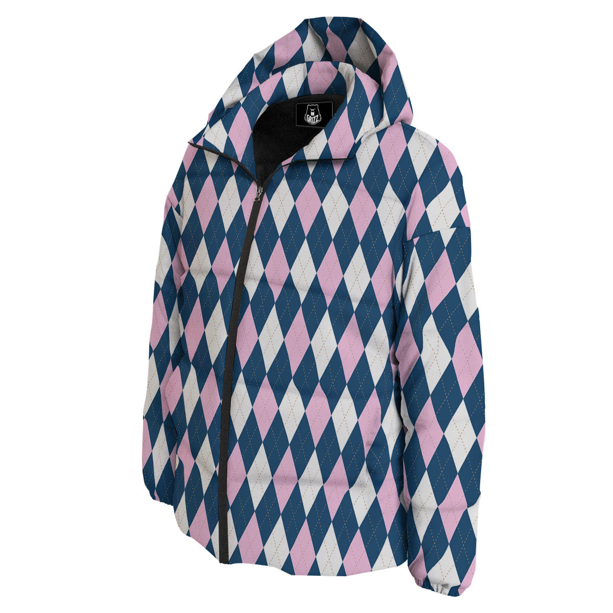 White Pink And Blue Argyle Print Pattern Down Jacket-grizzshop