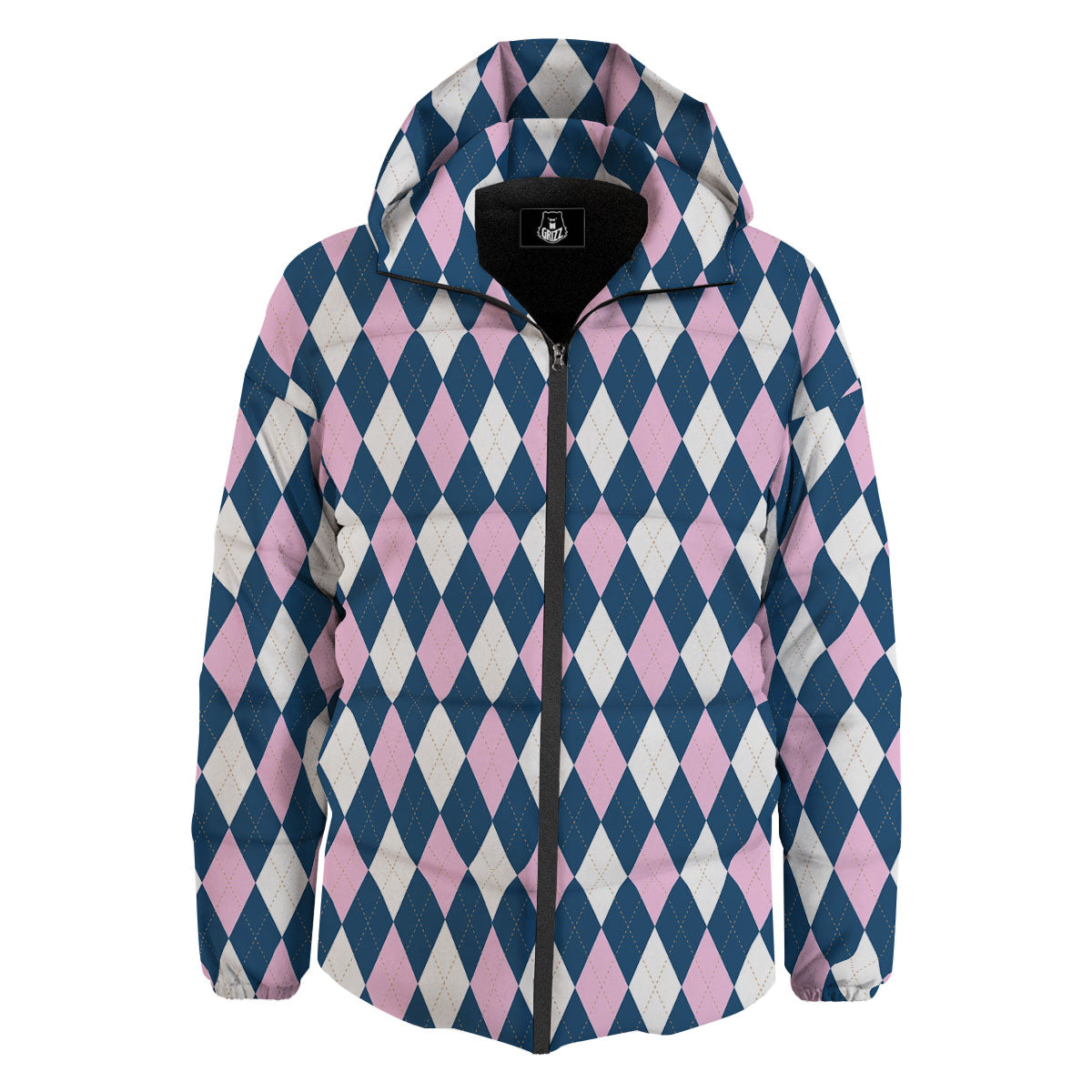 White Pink And Blue Argyle Print Pattern Down Jacket-grizzshop