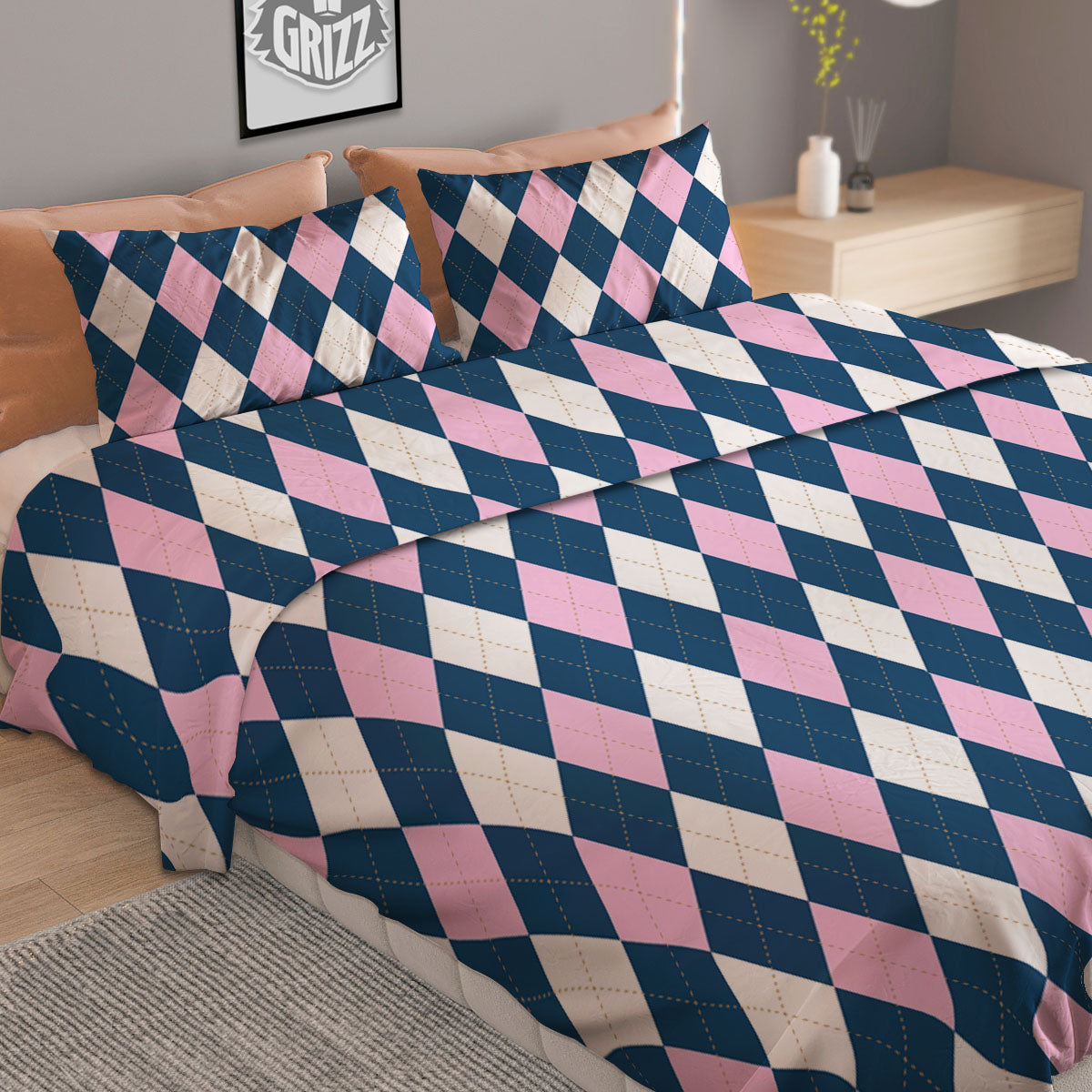 White Pink And Blue Argyle Print Pattern Duvet Cover Bedding Set