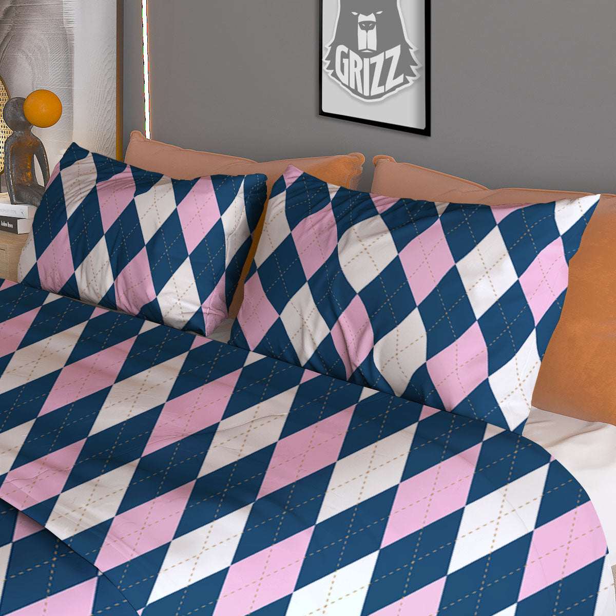 White Pink And Blue Argyle Print Pattern Duvet Cover Bedding Set