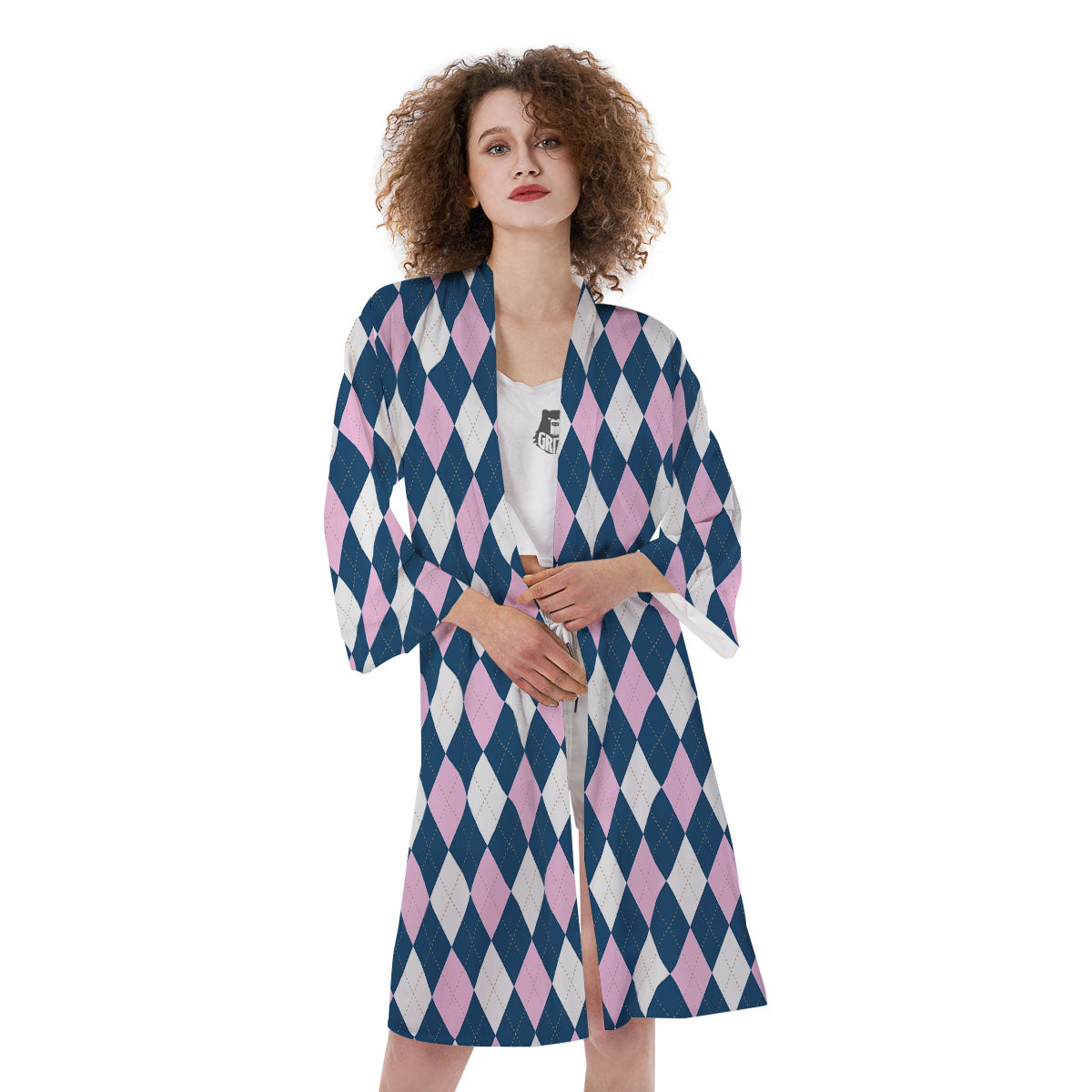 White Pink And Blue Argyle Print Pattern Kimono-grizzshop