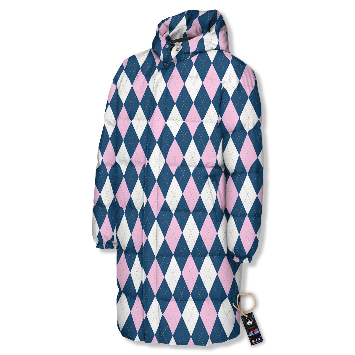 White Pink And Blue Argyle Print Pattern Long Down Jacket-grizzshop