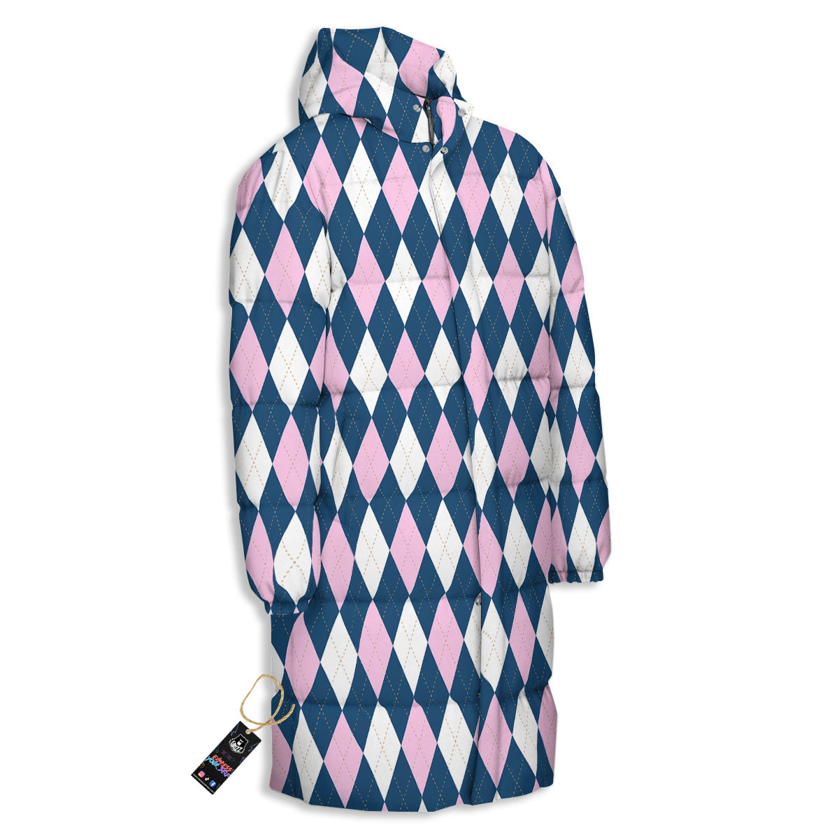 White Pink And Blue Argyle Print Pattern Long Down Jacket-grizzshop