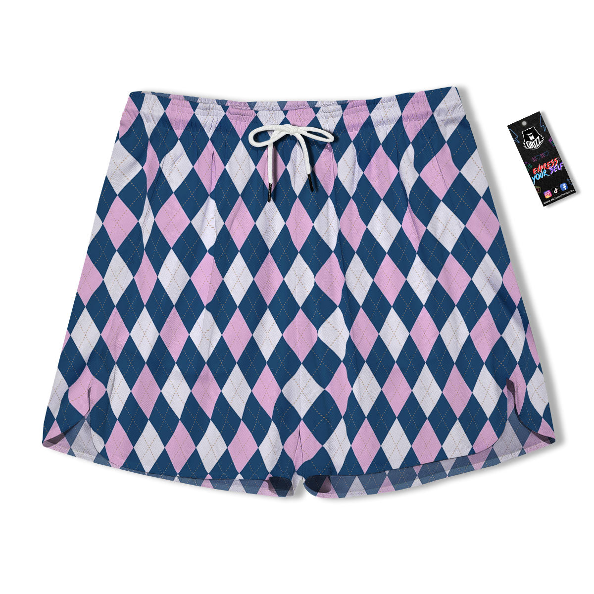 White Pink And Blue Argyle Print Pattern Men's Running Shorts-grizzshop