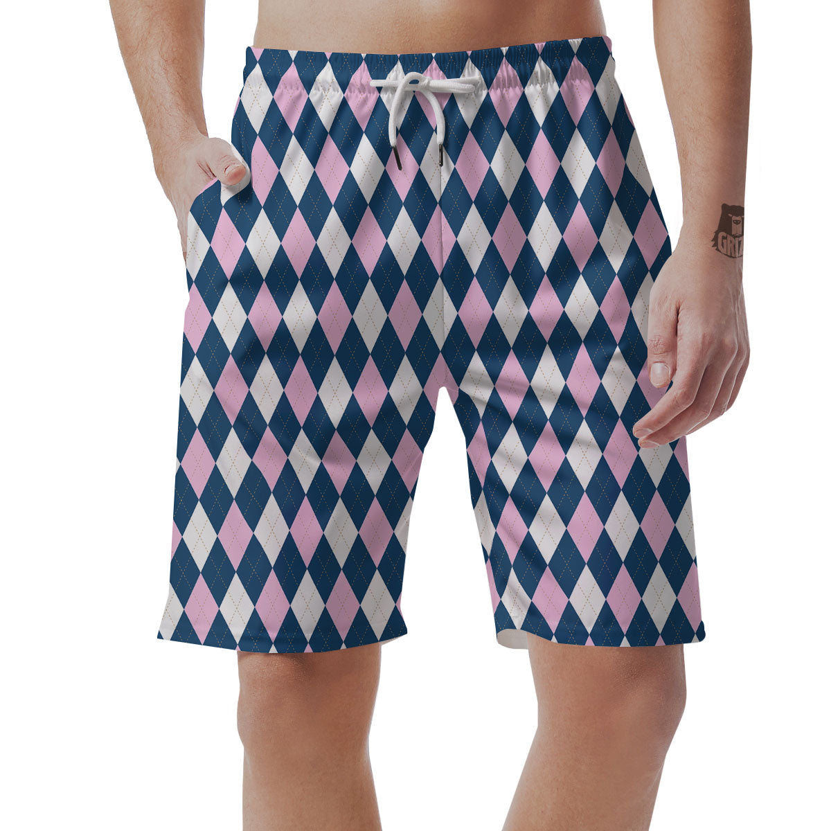 White Pink And Blue Argyle Print Pattern Men's Shorts-grizzshop