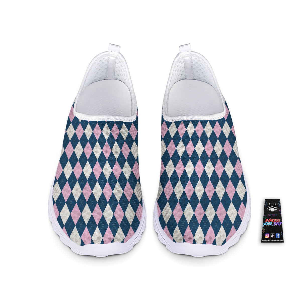 White Pink And Blue Argyle Print Pattern Nurse Shoes-grizzshop
