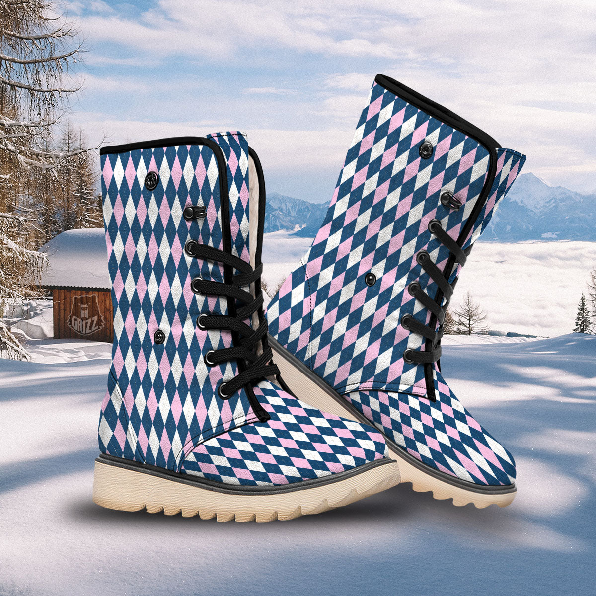 White Pink And Blue Argyle Print Pattern Snow Boots-grizzshop