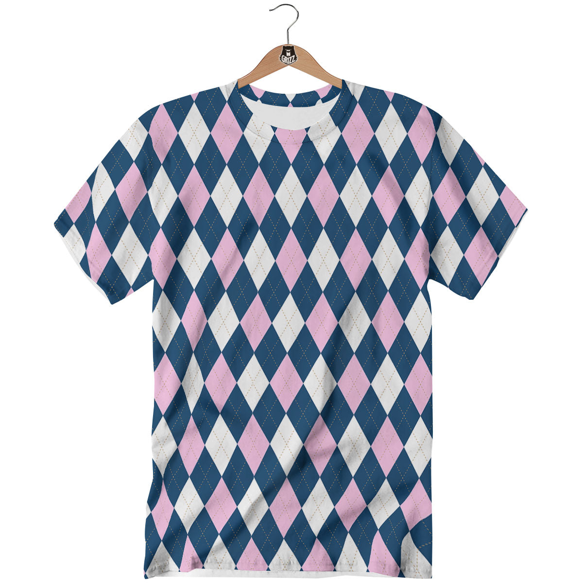 White Pink And Blue Argyle Print Pattern T-Shirt-grizzshop