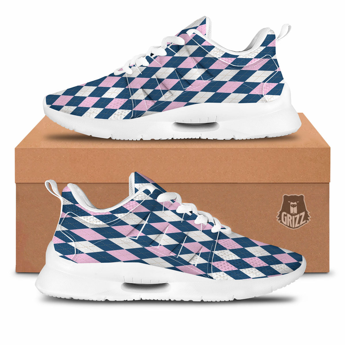 White Pink And Blue Argyle Print Pattern Tennis Shoes-grizzshop