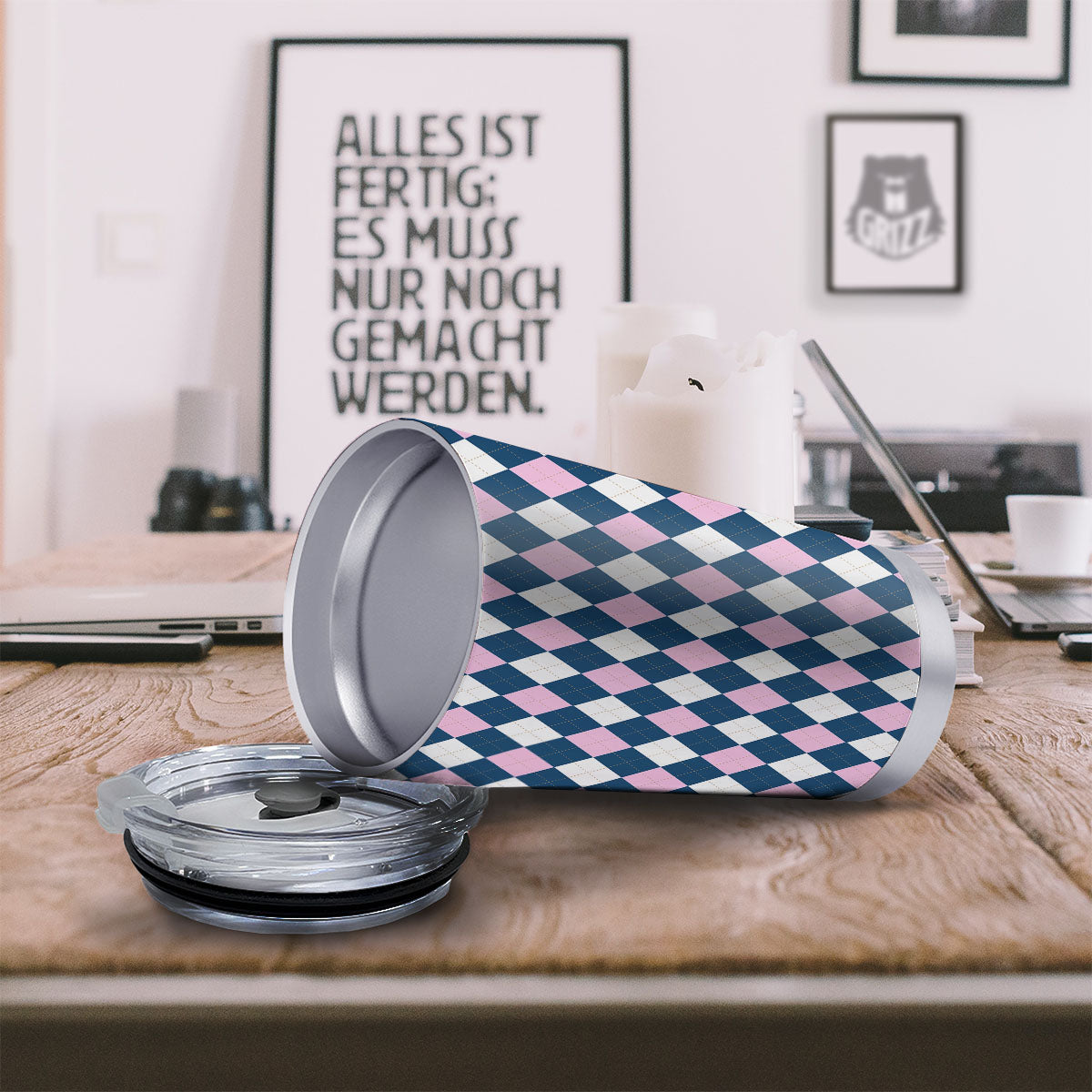 White Pink And Blue Argyle Print Pattern Tumbler-grizzshop