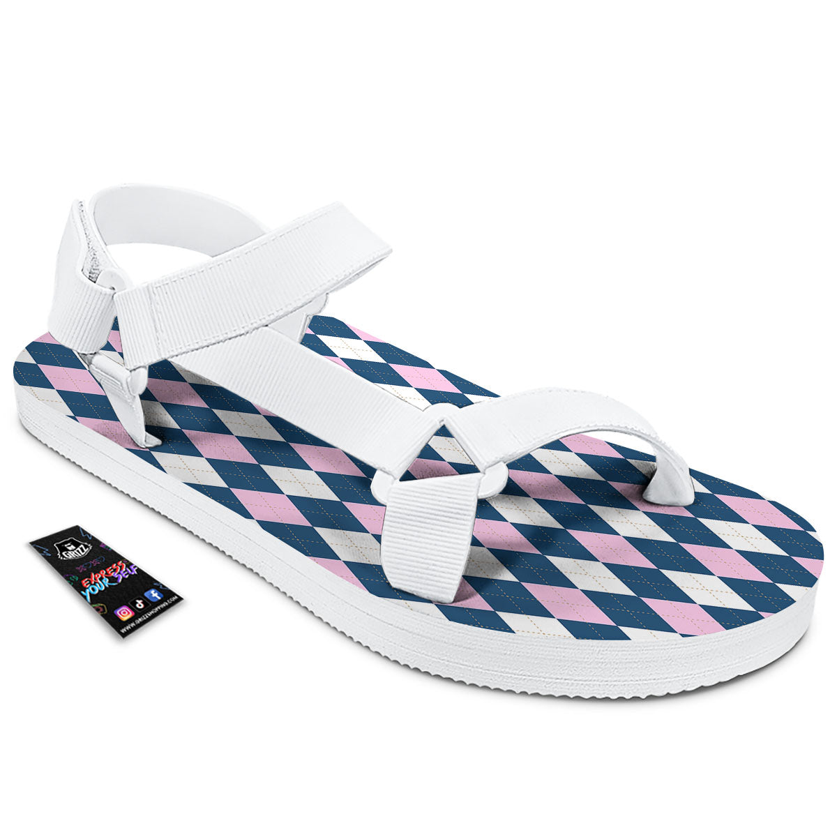White Pink And Blue Argyle Print Pattern White Open Toe Sandals-grizzshop