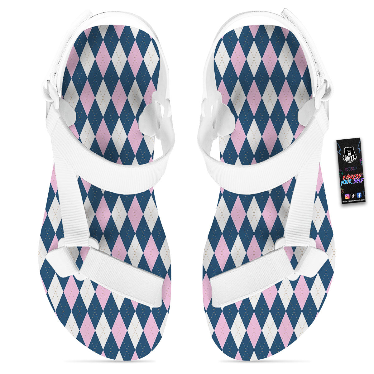 White Pink And Blue Argyle Print Pattern White Open Toe Sandals-grizzshop