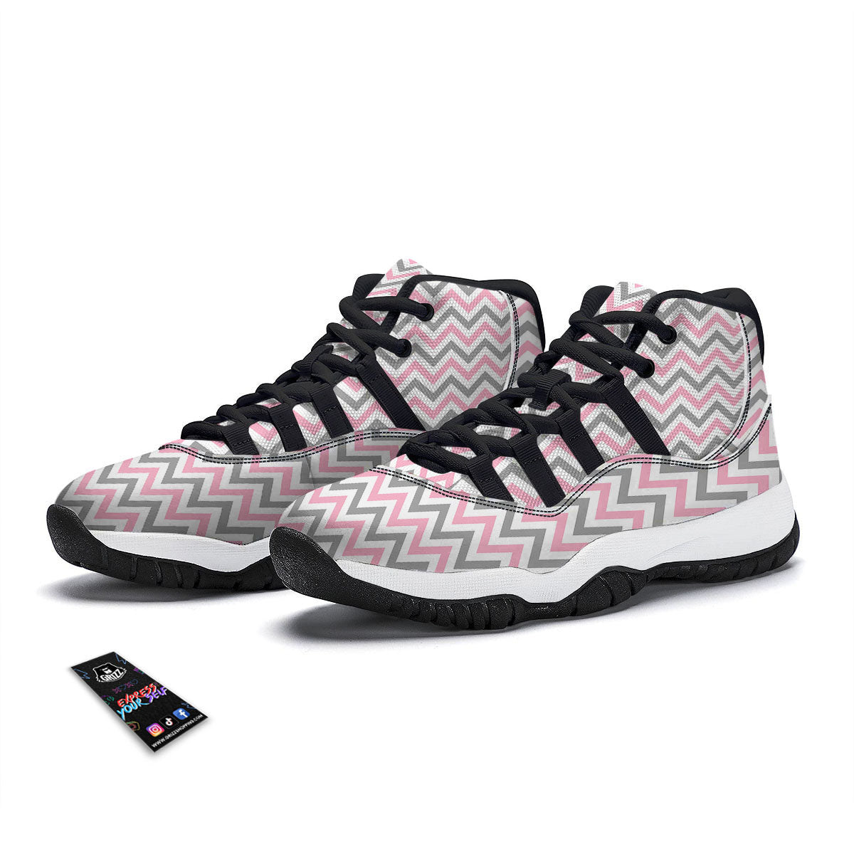 White Pink And Grey Chevron Print Black Bball Shoes-grizzshop
