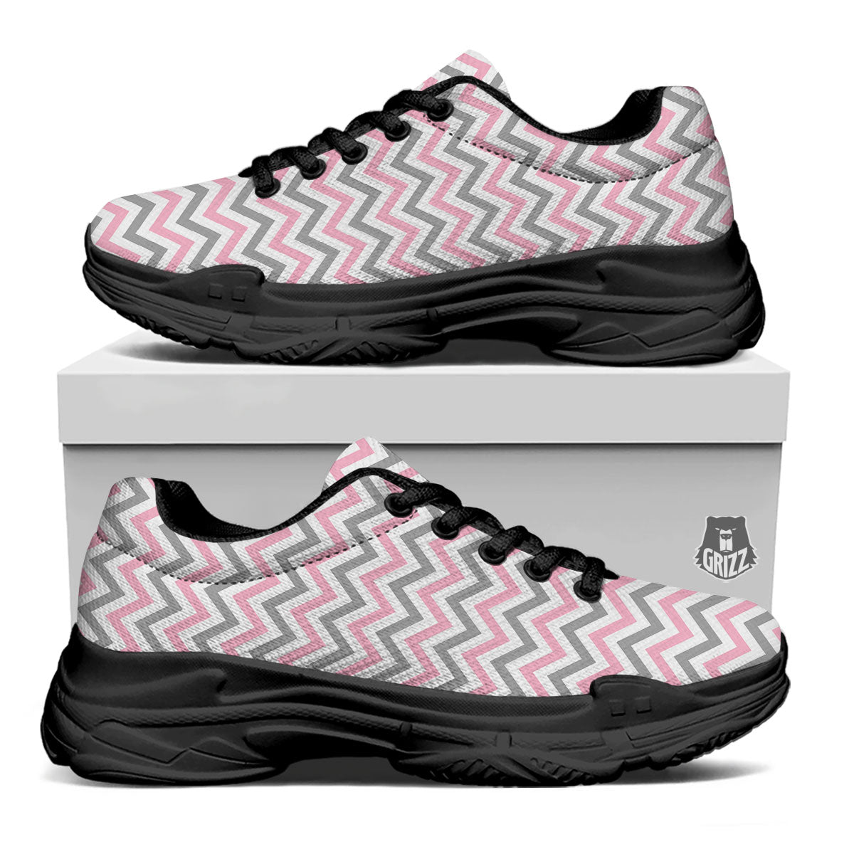 White Pink And Grey Chevron Print Black Chunky Shoes-grizzshop