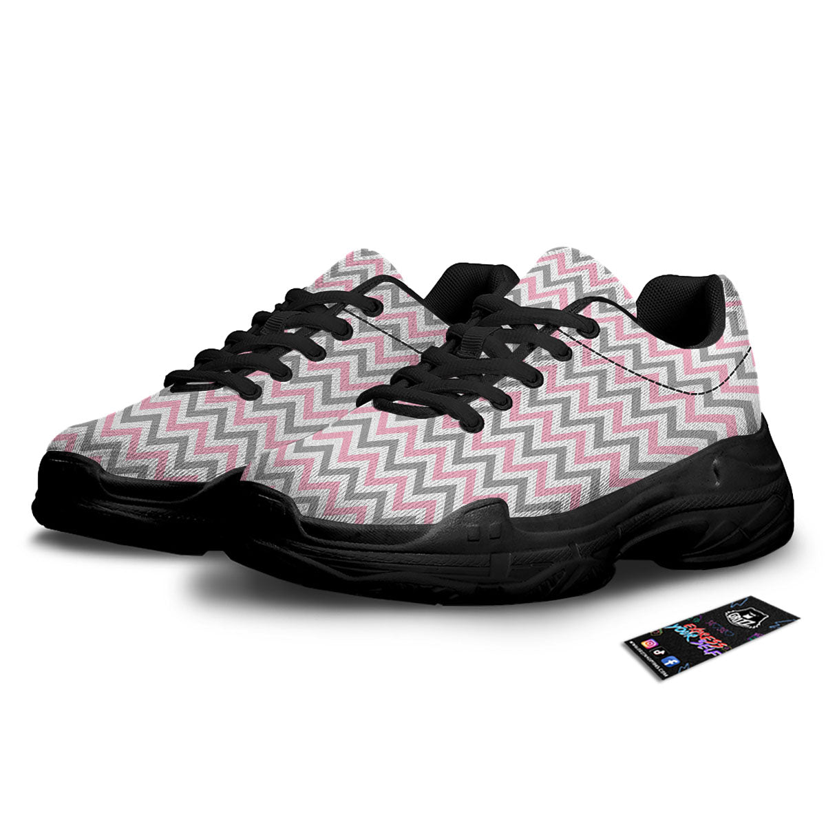 White Pink And Grey Chevron Print Black Chunky Shoes-grizzshop