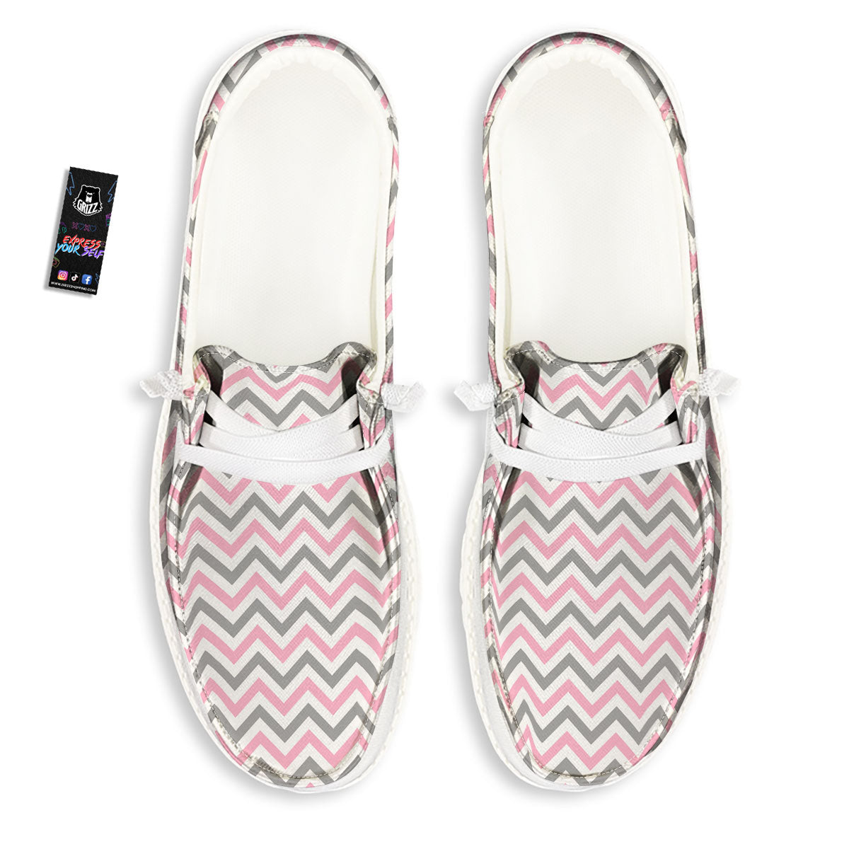 White Pink And Grey Chevron Print Black Loafers-grizzshop