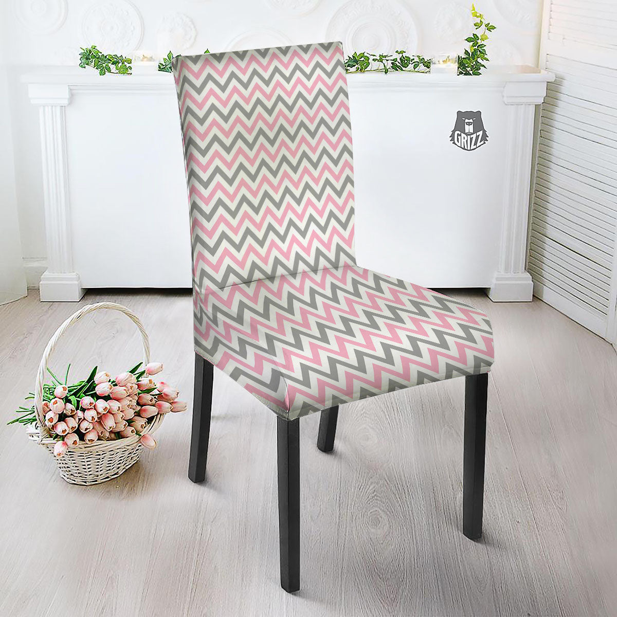 White Pink And Grey Chevron Print Dining Chair Slipcover-grizzshop