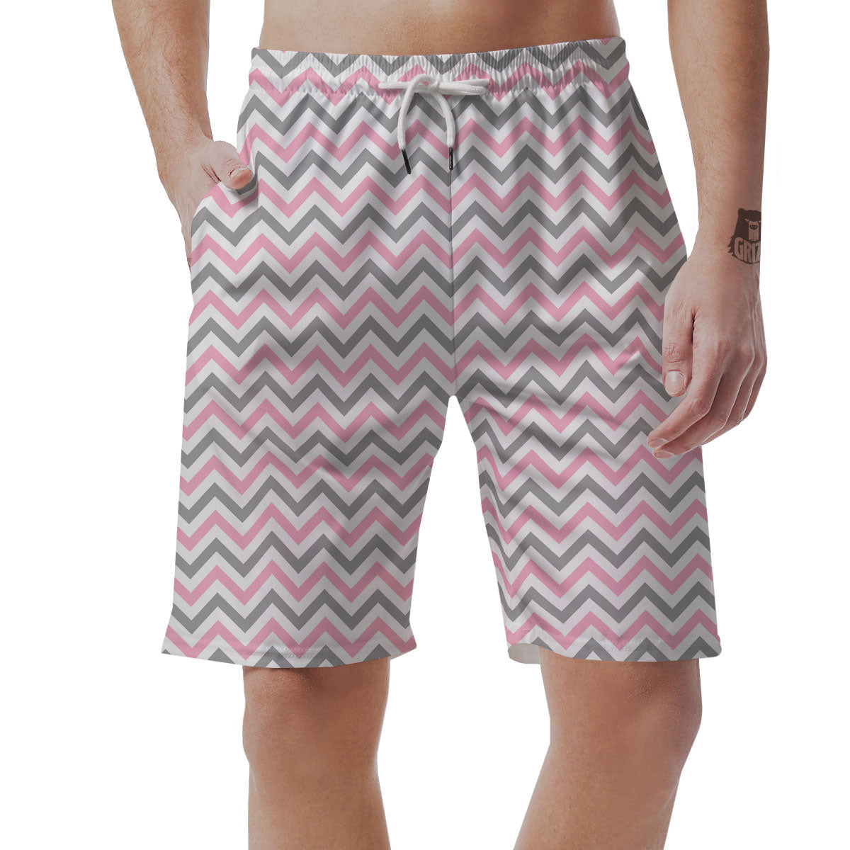 White Pink And Grey Chevron Print Men's Shorts-grizzshop