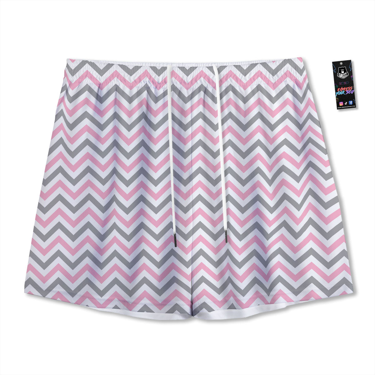 White Pink And Grey Chevron Print Mesh Shorts