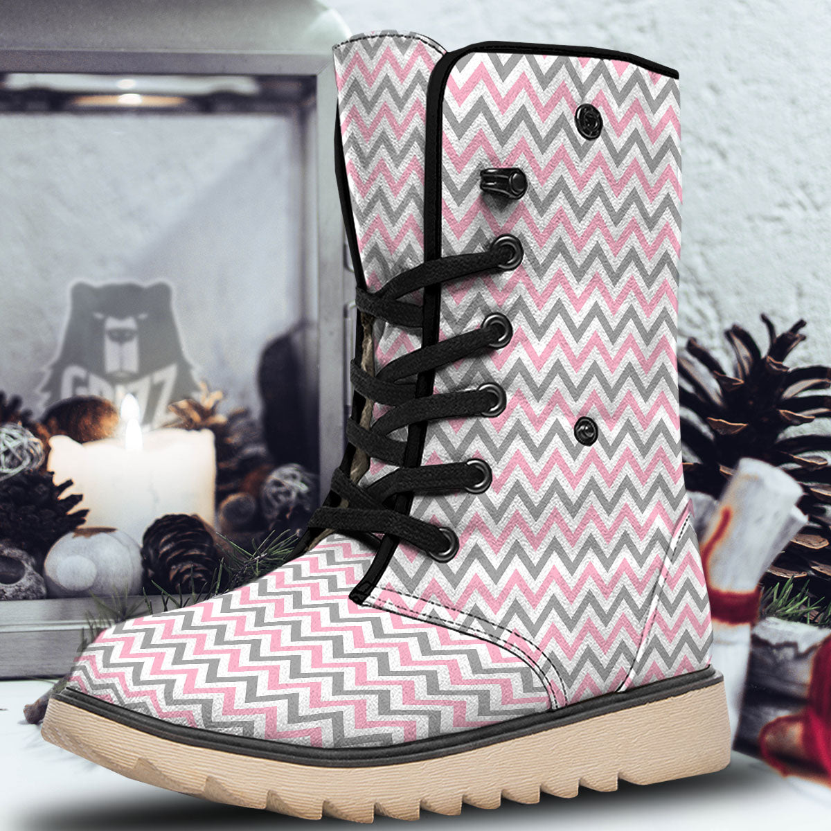 White Pink And Grey Chevron Print Snow Boots-grizzshop