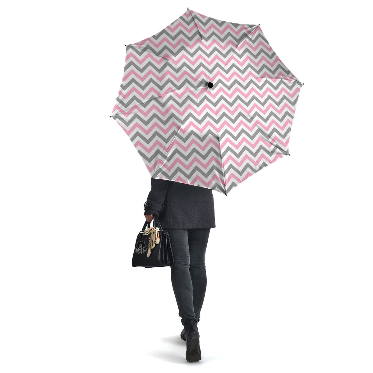 White Pink And Grey Chevron Print Umbrella-grizzshop