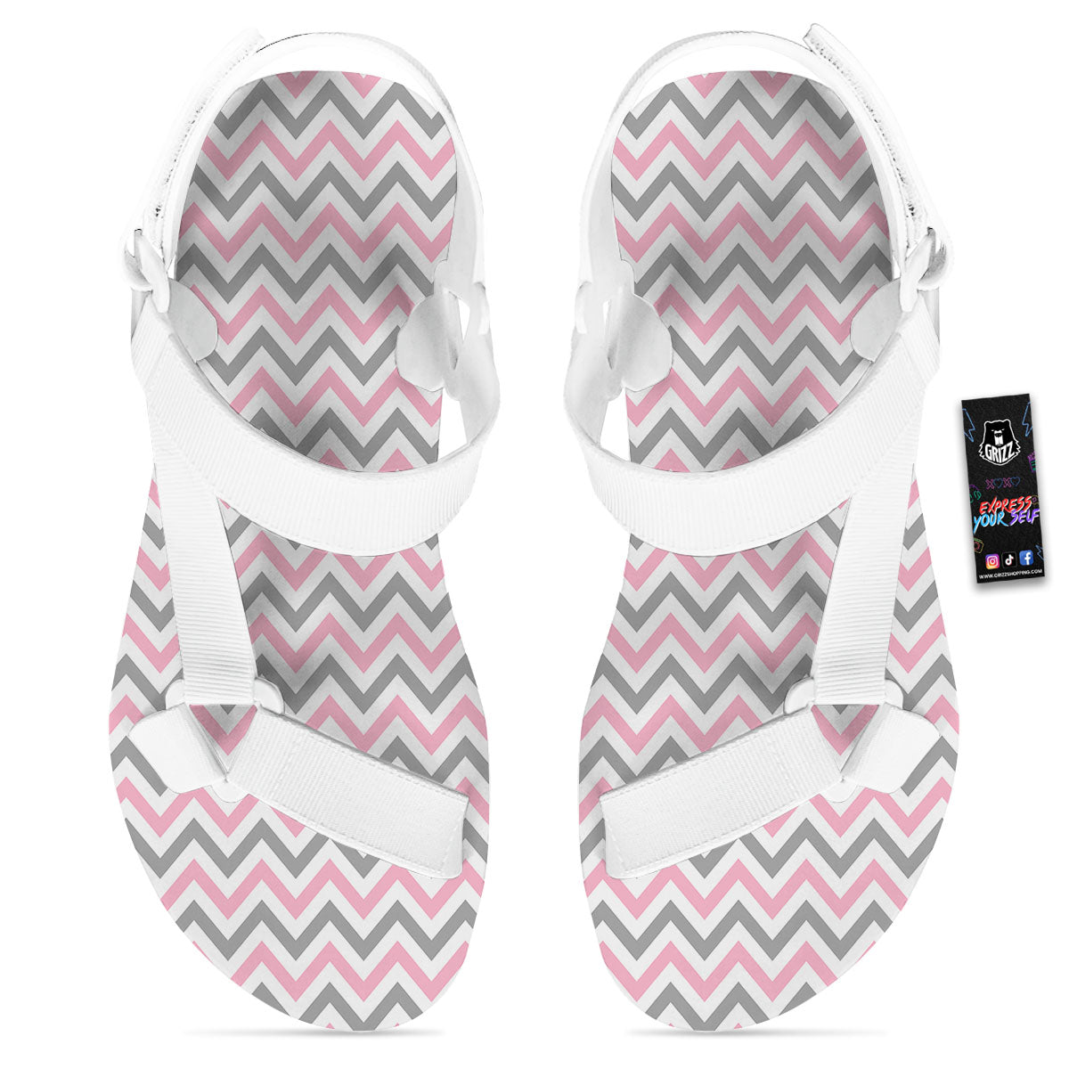 White Pink And Grey Chevron Print White Open Toe Sandals-grizzshop
