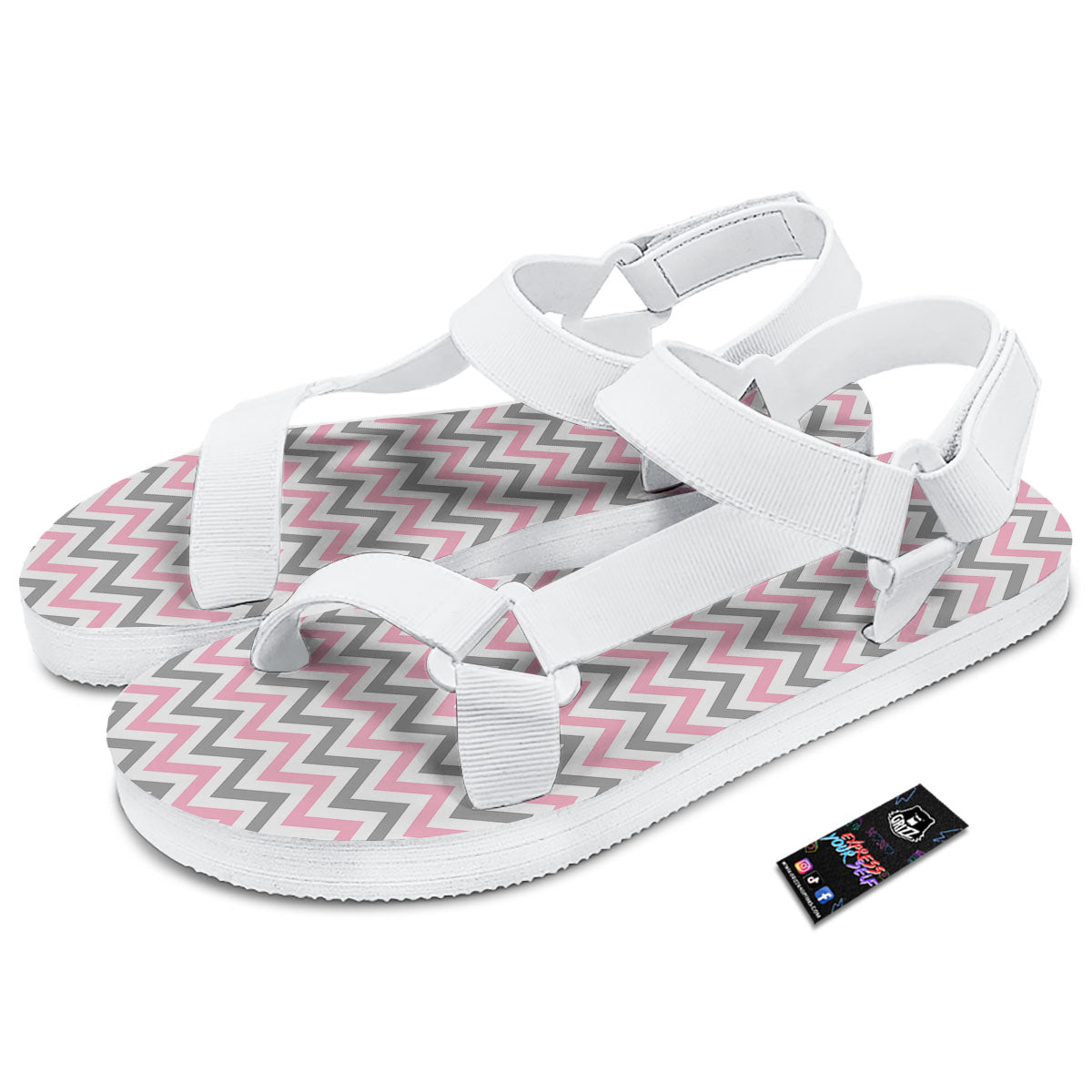White Pink And Grey Chevron Print White Open Toe Sandals-grizzshop