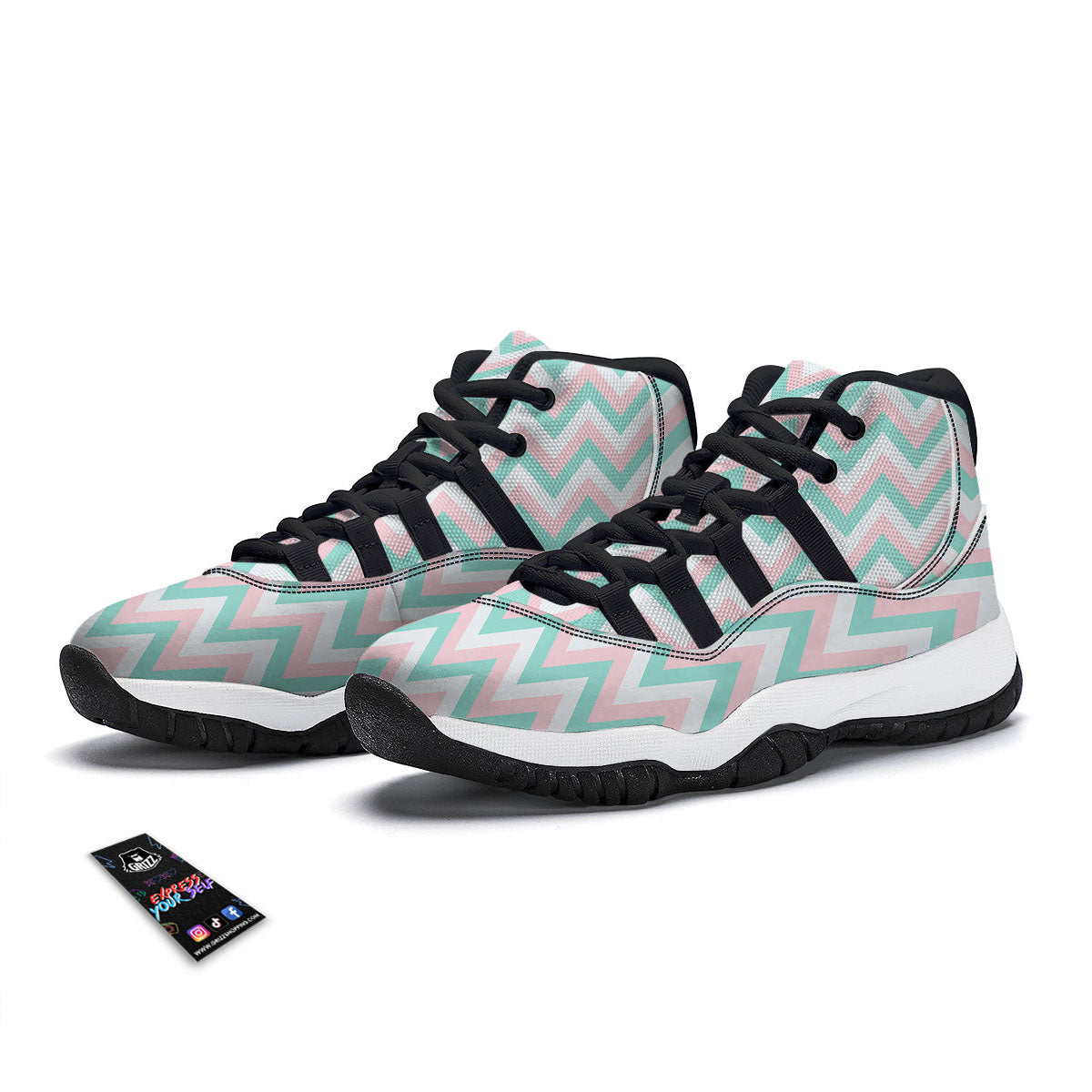 White Pink And Navy Chevron Print Black Bball Shoes-grizzshop
