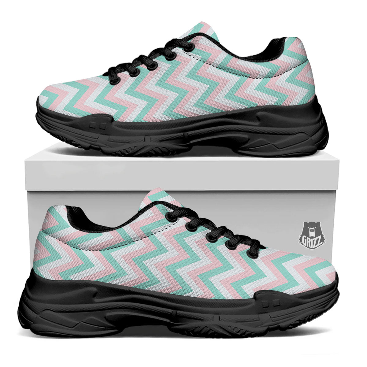 White Pink And Navy Chevron Print Black Chunky Shoes-grizzshop
