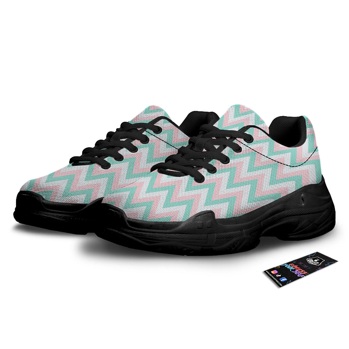 White Pink And Navy Chevron Print Black Chunky Shoes-grizzshop