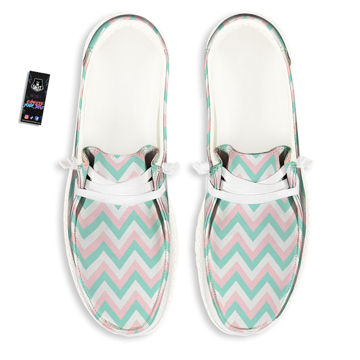 White Pink And Navy Chevron Print Black Loafers-grizzshop