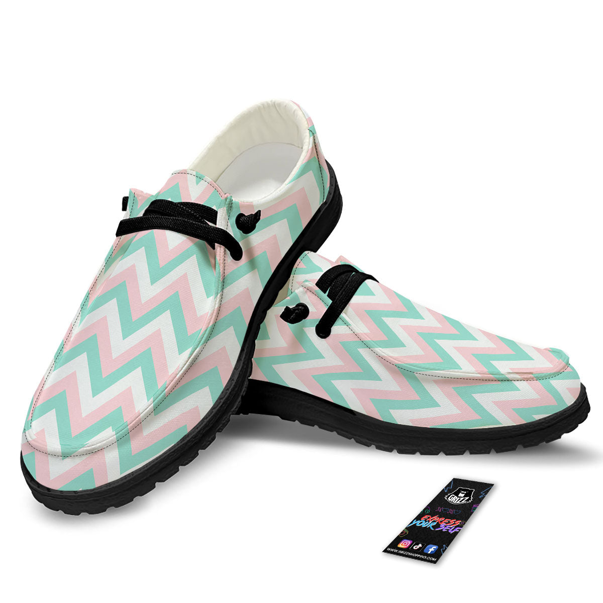 White Pink And Navy Chevron Print Black Loafers-grizzshop