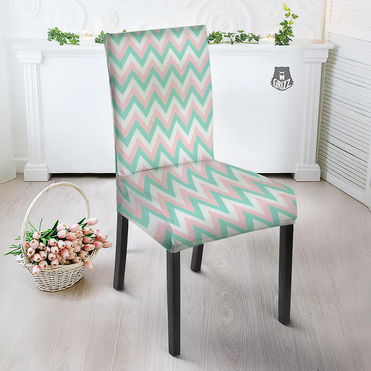 White Pink And Navy Chevron Print Dining Chair Slipcover-grizzshop