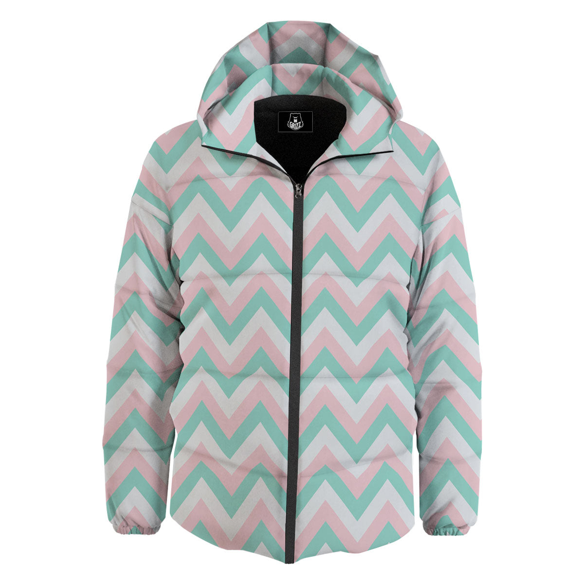 White Pink And Navy Chevron Print Down Jacket-grizzshop