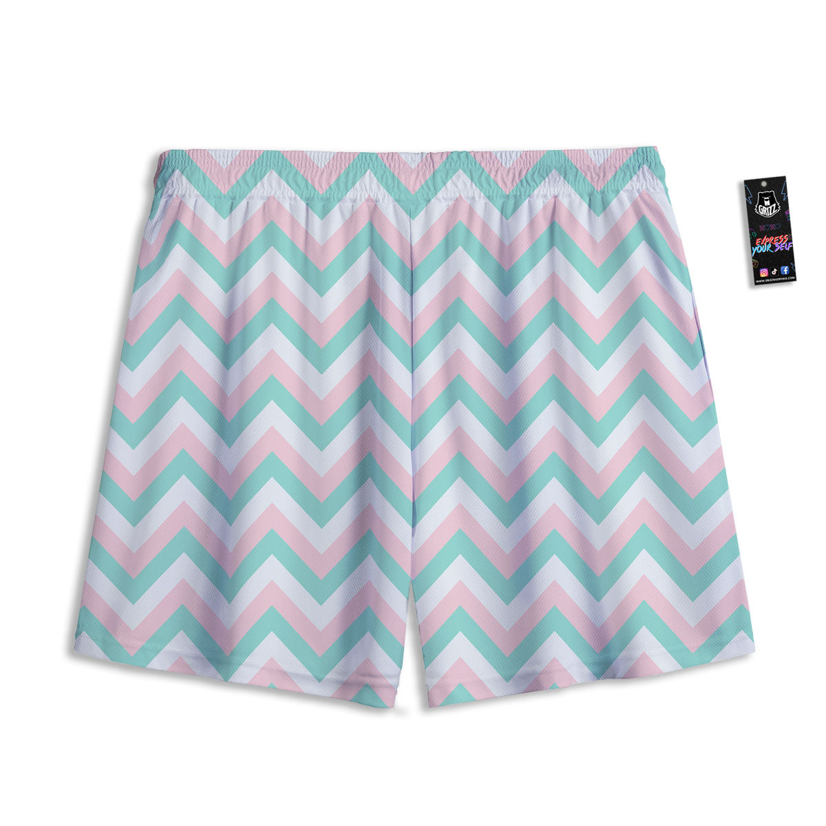White Pink And Navy Chevron Print Mesh Shorts