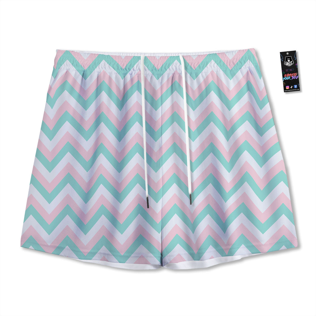 White Pink And Navy Chevron Print Mesh Shorts