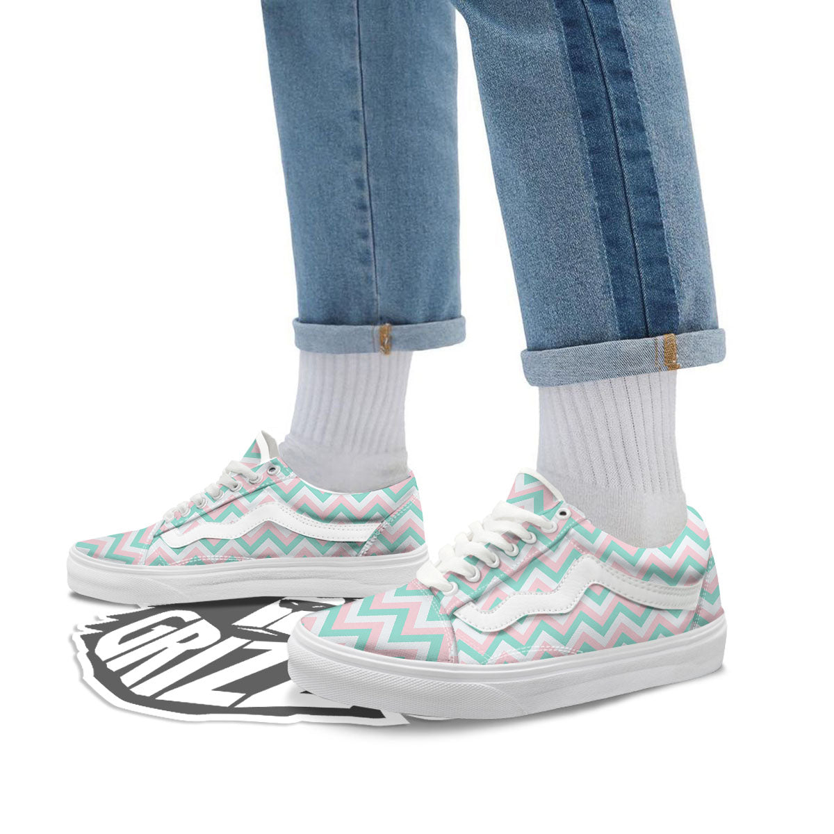 White Pink And Navy Chevron Print Skate Shoes-grizzshop