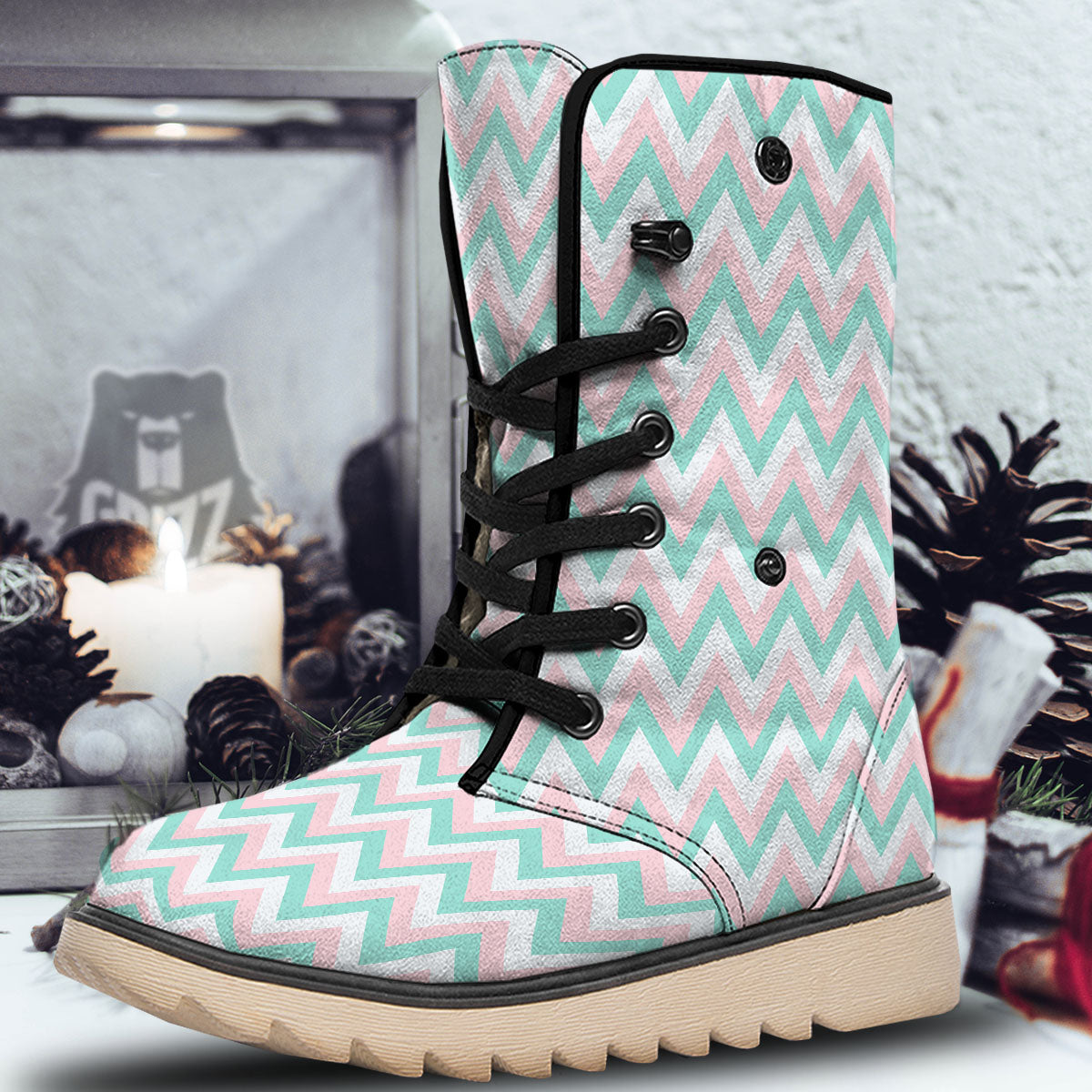 White Pink And Navy Chevron Print Snow Boots-grizzshop