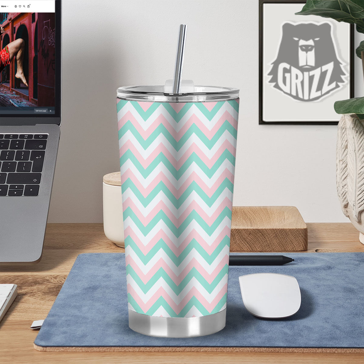 White Pink And Navy Chevron Print Tumbler-grizzshop