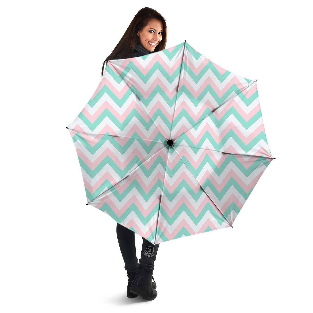 White Pink And Navy Chevron Print Umbrella-grizzshop