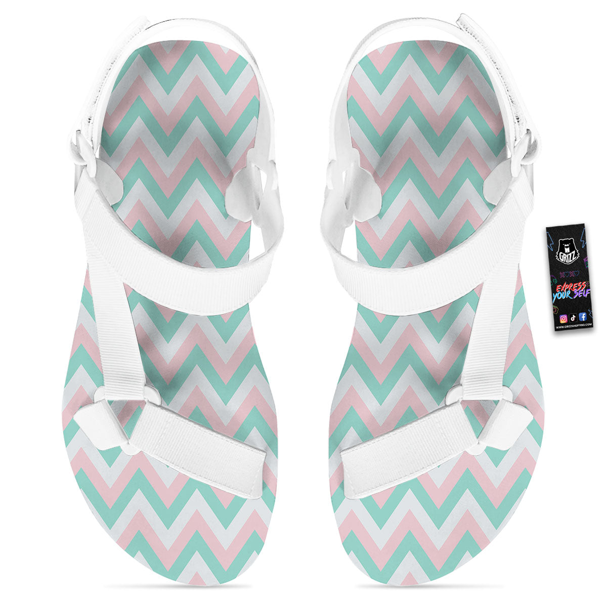 White Pink And Navy Chevron Print White Open Toe Sandals-grizzshop