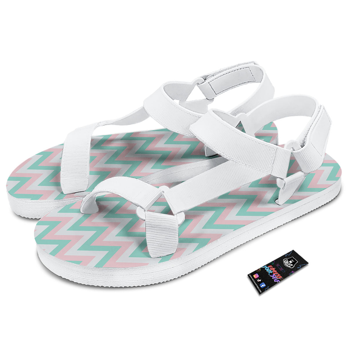 White Pink And Navy Chevron Print White Open Toe Sandals-grizzshop