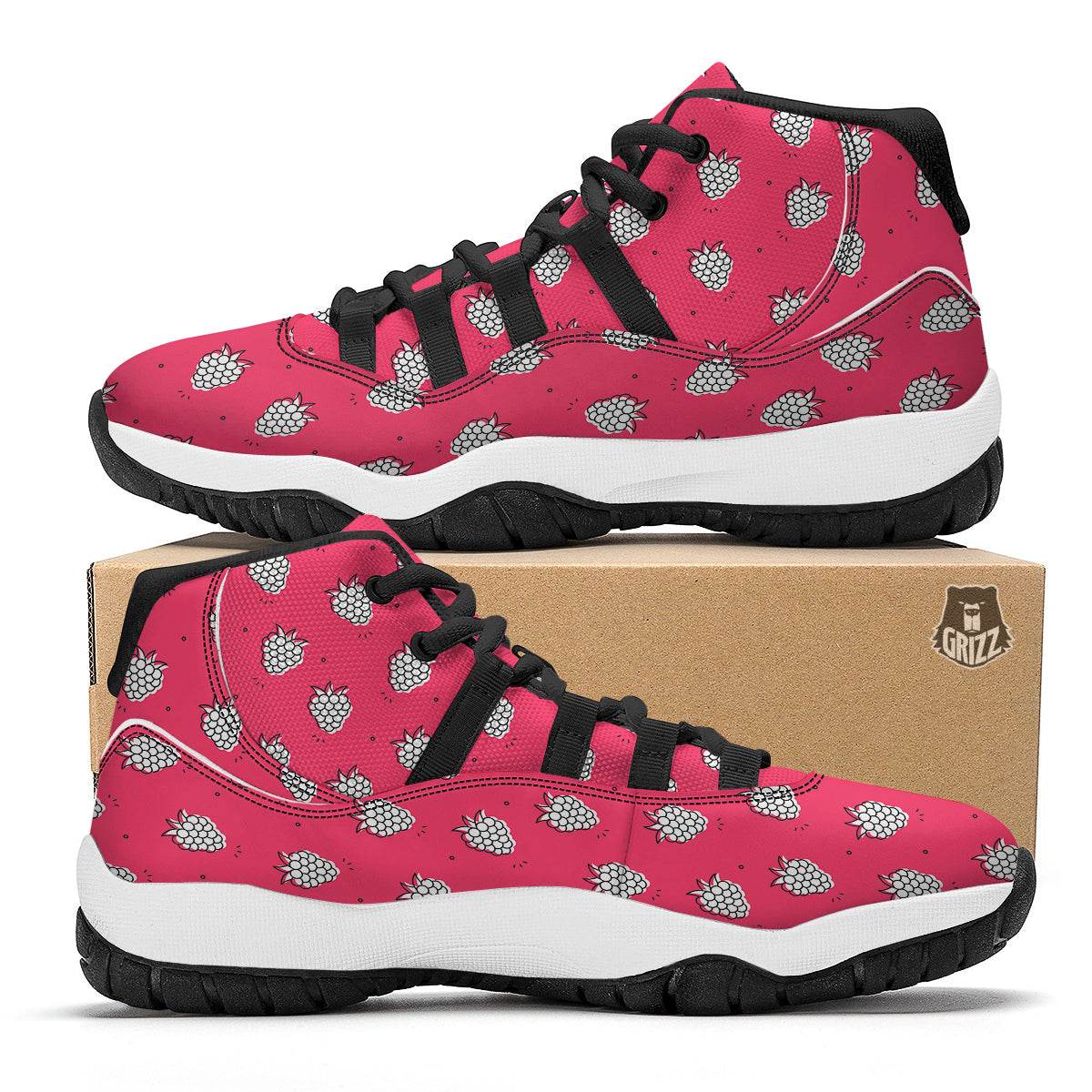 White Raspberry Pink Print Pattern Black Bball Shoes-grizzshop