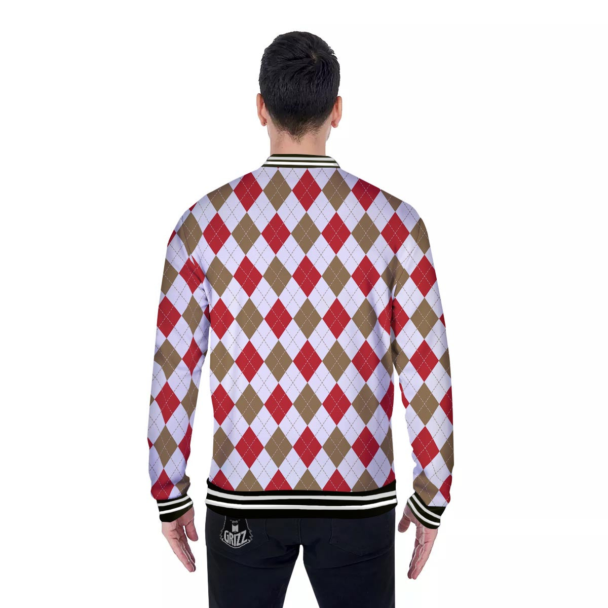 White Red And Beige Argyle Print Pattern Baseball Jacket-grizzshop