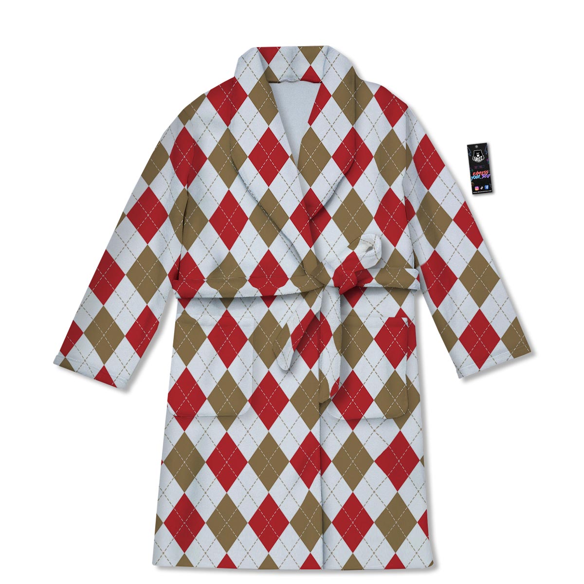 White Red And Beige Argyle Print Pattern Bathrobe-grizzshop