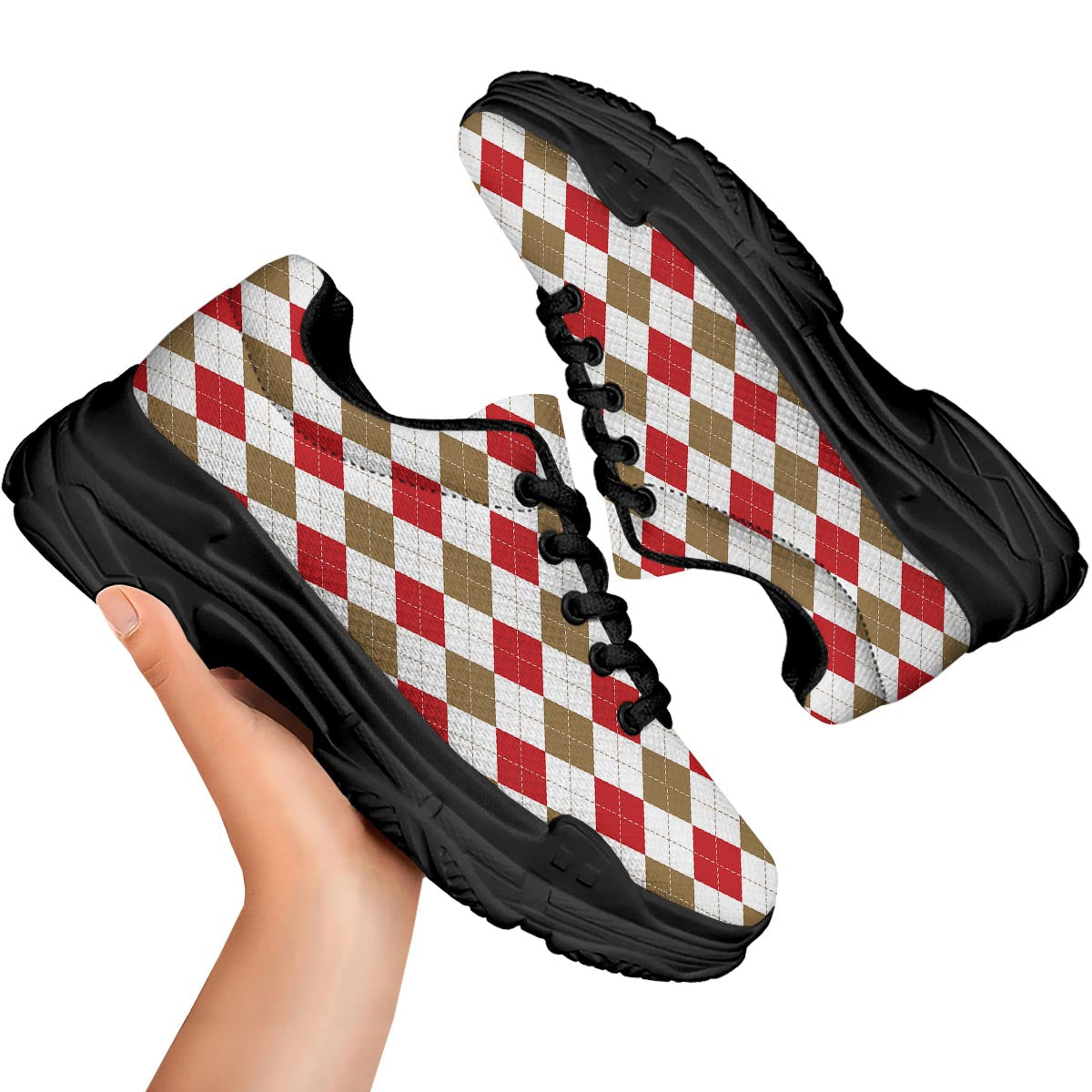 White Red And Beige Argyle Print Pattern Black Chunky Shoes-grizzshop