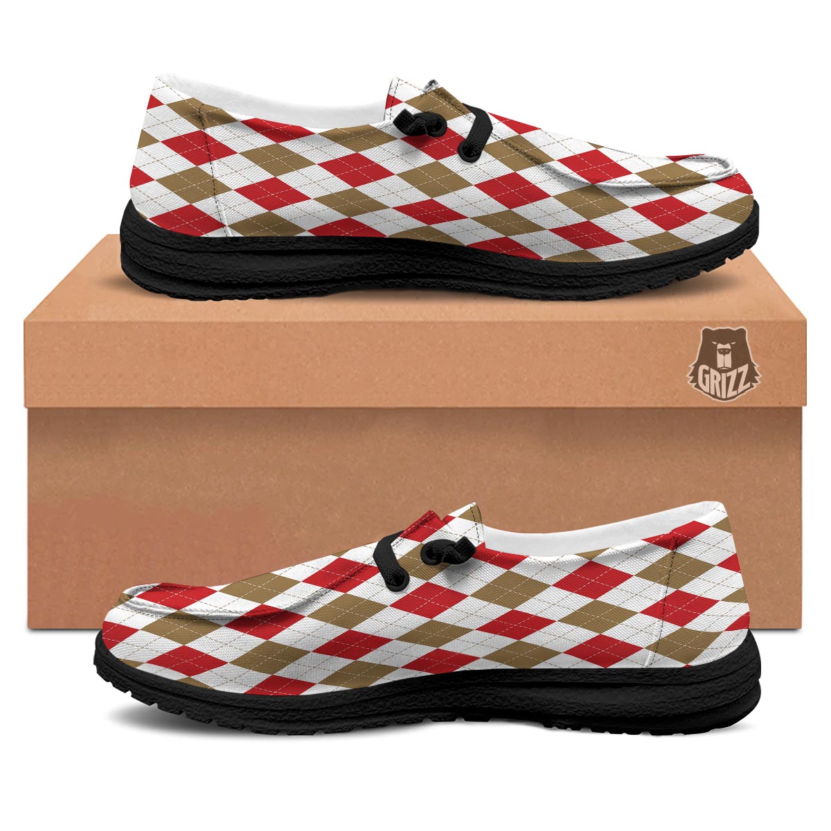 White Red And Beige Argyle Print Pattern Black Loafers-grizzshop