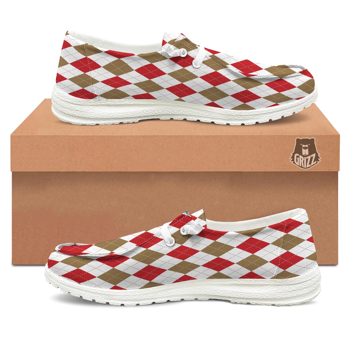 White Red And Beige Argyle Print Pattern Black Loafers-grizzshop